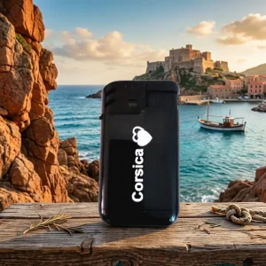 Briquet électronique noir avec tête de Maure corse sur fond de mer