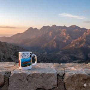 Mug A Porta en ceramique posé sur un muret en Corse