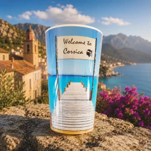 Verre doseur gradué souvenir de Corse motif plage de Santa Giulia