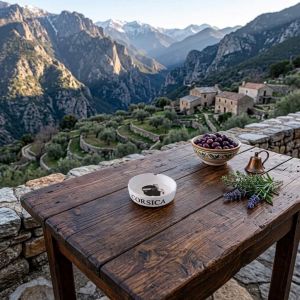 Cendrier Corsica en verre blanc motif Tête de Maure posé sur une table en bois
