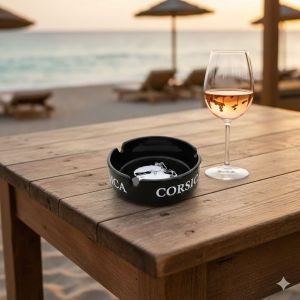 Cendrier Corsica en verre noir motif Tête de Maure posé sur une table en bois