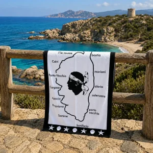Drap de plage Cors'blanc double avec carte de la Corse et tête de Maure