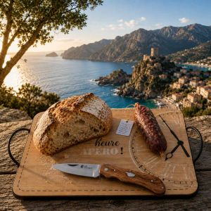 Saucisse sèche Corse en boyau naturel, séchée et fumée, avec couteau et pain sur planche de dégustation.