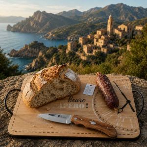 Saucisse sèche Corse en boyau naturel, séchée et fumée, avec couteau et pain sur planche de dégustation.