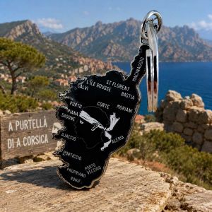 Porte clés Corsa Memora noir en metal en forme de la corse avec la tete d'un Maure
