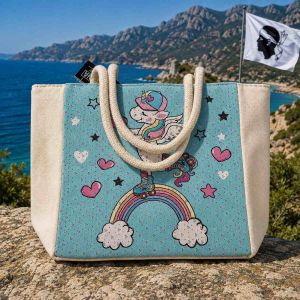 Sac cabas en toile avec imprimé licorne sur arc-en-ciel