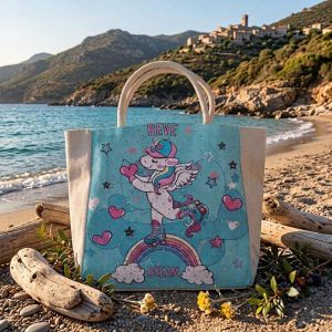 Sac cabas en toile avec imprimé licorne sur arc-en-ciel