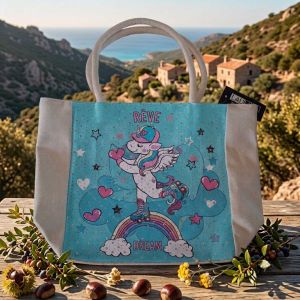 Sac cabas en toile avec imprimé licorne sur arc-en-ciel