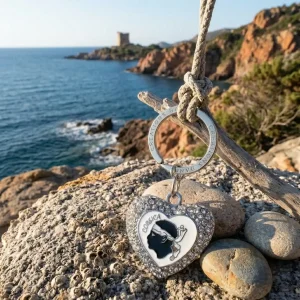 Porte-clés souvenir de Corse : cœur en métal argenté orné de strass, avec le symbole de la tête de Maure et le texte "Corsica" au centre. Anneau d'attache gravé.