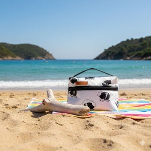 Trousse de toilette en coton matelassé Fierta Corsa posée sur une plage en Corse