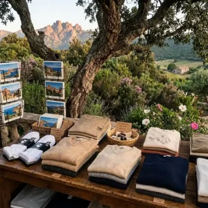 Lot de 3 paires de chaussettes Corsica , blanche, grise et noires sur une etagere vue sur un village Corse