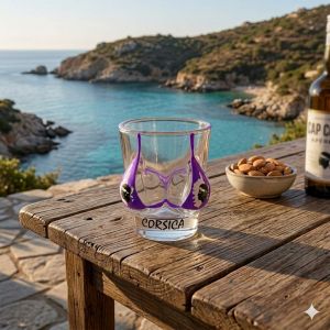 Shooter Bikini-shot violet sur une table vue sur la mer corse