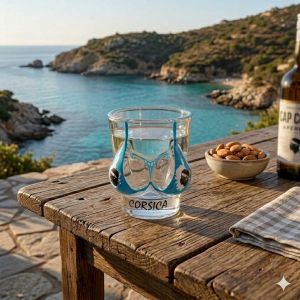 Shooter Bikini-shot bleu sur une table vue sur la mer corse