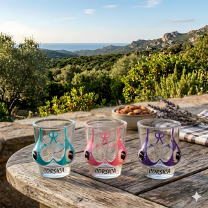Lot de verres shooter Bikini-shot colorés, souvenirs de Corse haute définition.