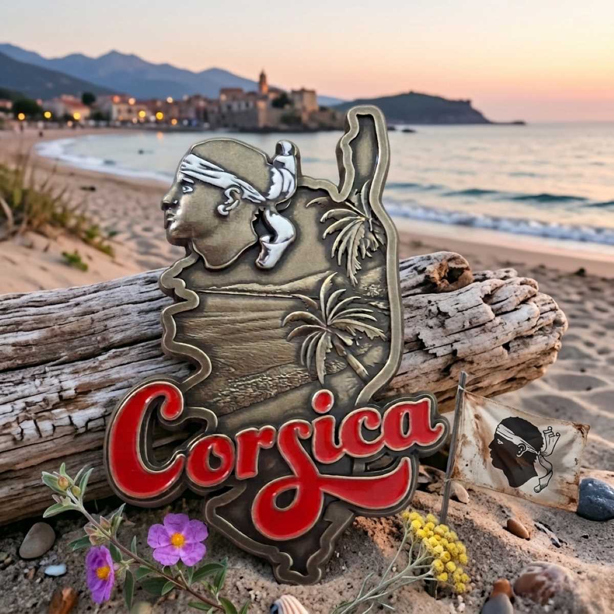 Magnet Kallisté en métal doré, Corsica, posé sur une plage Corse