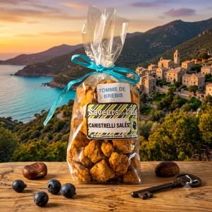 Découvrez les Canistrelli Salés à la Tome de Brebis – L'Incontournable de l'Apéritif Corse Apportez le caractère et le goût authentique du terroir insulaire à vos moments de convivialité avec nos canistrelli salés à la tome de brebis. Fabriqués artisanalement en Corse, ces petits biscuits dorés et croustillants révèlent toute la richesse aromatique du fromage de brebis. Pourquoi vous allez les adorer ? Savoir-faire artisanal : Une recette traditionnelle préparée avec soin au cœur de l'île de Beauté. Saveur typique : Le mariage parfait entre le croquant inimitable du canistrellu et les notes riches de la tome de brebis. Accompagnement idéal : Parfaits pour l'apéritif, ils s'associent à merveille avec un verre de vin corse, une planche de charcuterie nustrale ou vos tartinables préférés.