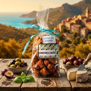 Sachet de canistrelli salés au basilic présentés sur une table en bois avec tome de brebis