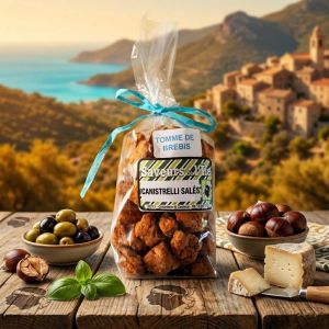 Sachet de canistrelli salés au basilic présentés sur une table en bois avec tome de brebis