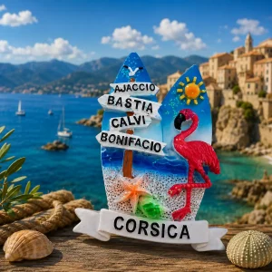 Magnet souvenir Corse en résine avec planches de surf, flamant rose et villes principales