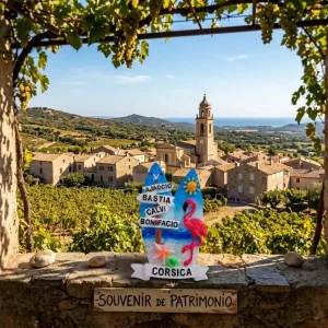 Magnet souvenir Corse en résine avec planches de surf, flamant rose et villes principales