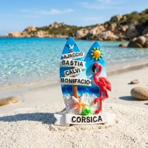 Magnet souvenir Corse en résine avec planches de surf, flamant rose et villes principales