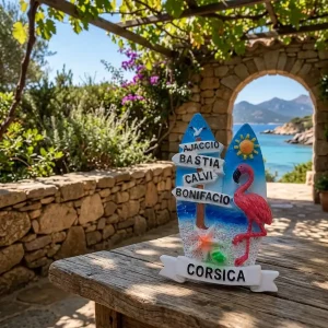 Magnet souvenir Corse en résine avec planches de surf, flamant rose et villes principales