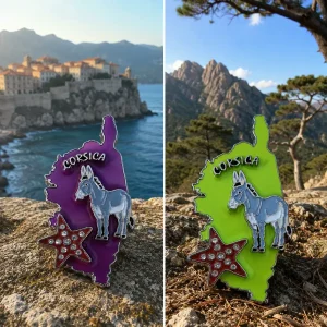 Magnet en métal émaillé U Sumerinu en forme de carte de Corse avec un âne gris et une étoile de mer brillante à strass.
