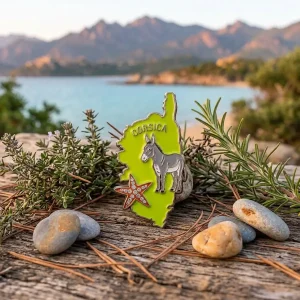 Magnet en métal émaillé U Sumerinu en forme de carte de Corse avec un âne gris et une étoile de mer brillante à strass