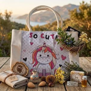 Sac cabas enfant en toile illustré d'une licorne rose avec la mention So Cute, posé dans le maquis corse.