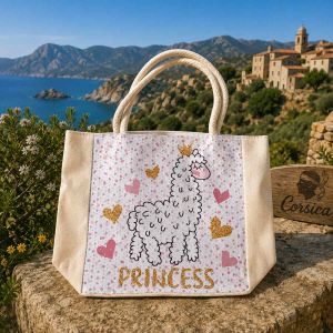 Sac cabas enfant en toile blanche avec motif brebis couverte d'une couronne et l'inscription Princess en lettres dorées.