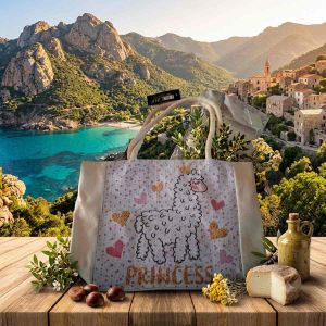 Sac cabas enfant en toile blanche avec motif brebis couverte d'une couronne et l'inscription Princess en lettres dorées.