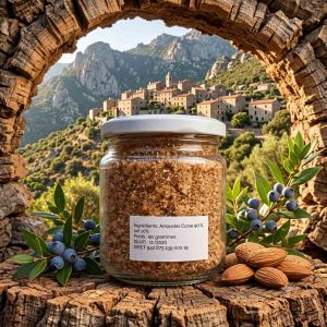 Pot de sel aux amandes artisanal corse sur fond de village corse
