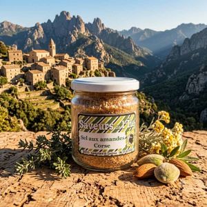 Pot de sel aux amandes artisanal corse sur fond de village corse