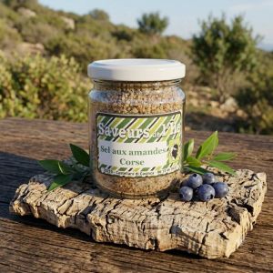 Pot de sel aux amandes artisanal corse sur fond de maquis corse