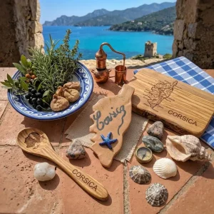 Magnet île de Corse en argile artisanale avec étoile de mer bleue et inscription Corsica