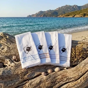 Torchon nid abeille corse avec broderie Tête de Maure et carte Corsica